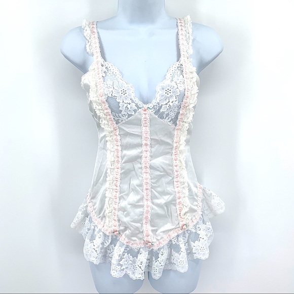 Vintage Other - Vintage Tosca White Lace Pink Ribbon Lingerie Top